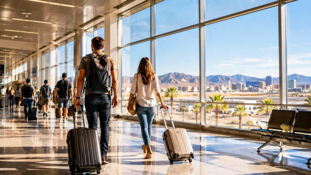 Travelers arriving in Las Vegas during a less crowded travel period.