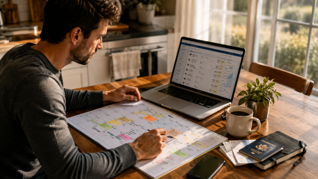 Traveler reviewing a calendar to choose the cheapest travel dates for Las Vegas.
