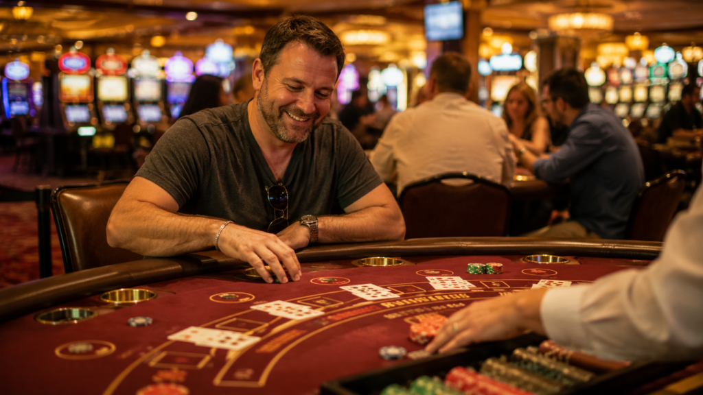 Blackjack player enjoying a low-limit casino table in downtown Las Vegas