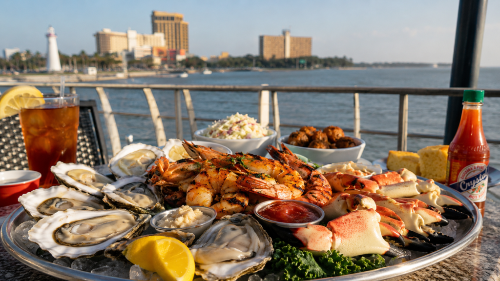 Fresh Gulf seafood platter with shrimp, oysters, crab, and Southern side dishes at a Biloxi restaurant.