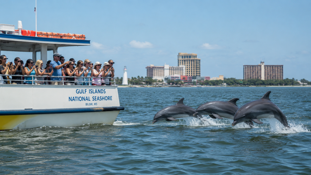 Dolphins are swimming beside a sightseeing boat near Biloxi on a sunny day.