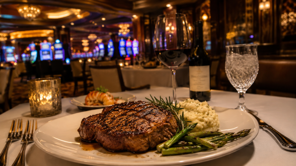 Elegant steak dinner served inside a Tunica casino restaurant.