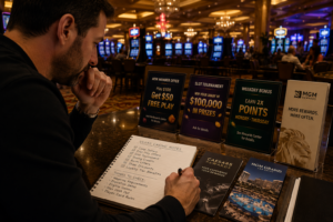 Casino player reviewing free spin bonus terms before playing slots
