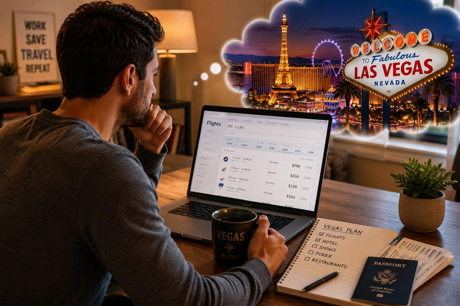A traveler sitting at a modern airport terminal window comparing flight prices on a laptop, Las Vegas skyline and the famous Welcome to Las Vegas sign visible through the glass in the distance, smartphone displaying airfare alerts beside a boarding pass and passport, atmosphere of smart travel planning and saving money, warm natural lighting, premium travel editorial photography inspired by Anthony Bourdain storytelling, ultra-realistic details, shallow depth of field, HDR, 8K Ultra-HD, 16:9 aspect ratio, no text, no logos, no watermarks.