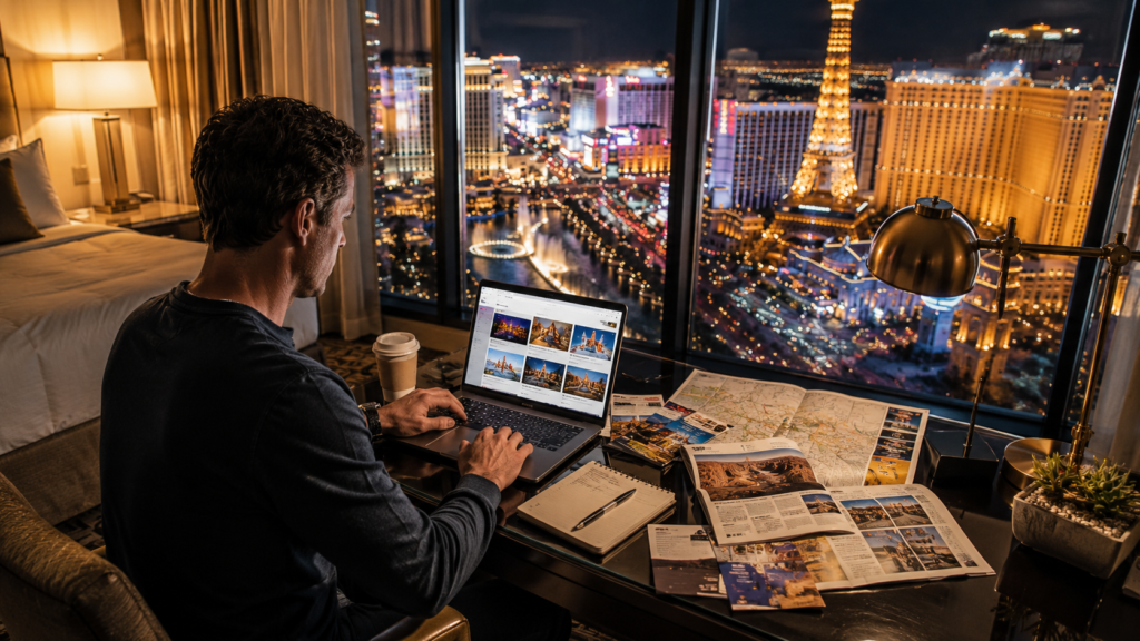 Traveler researching Las Vegas tours and activities from a hotel room.