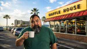 Casino Mike stands outside a Waffle House restaurant in Biloxi, Mississippi, holding a coffee mug while discovering a Southern breakfast favorite during a Gulf Coast casino trip near Beau Rivage.