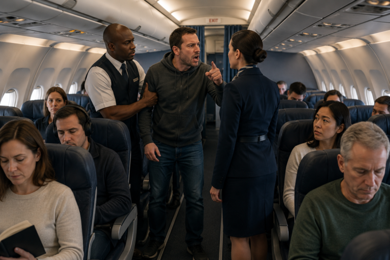 Passengers remaining calm while airline crew members handle a disruptive passenger on a commercial flight.