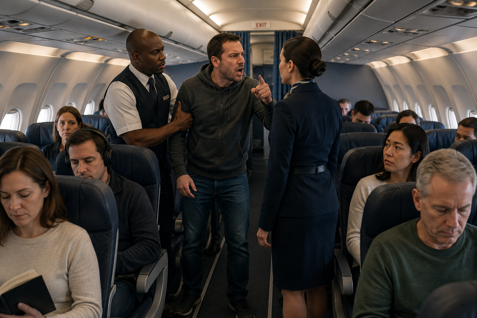 Passengers remaining calm while airline crew members handle a disruptive passenger on a commercial flight.