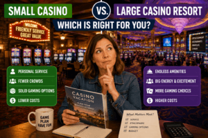 Traveler comparing a small casino vs large casino resort while planning a casino vacation and evaluating gaming options, crowds, and costs.