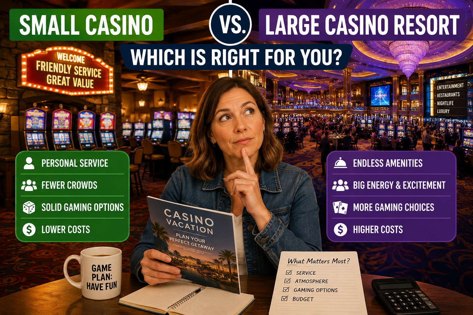 Traveler comparing a small casino vs large casino resort while planning a casino vacation and evaluating gaming options, crowds, and costs.