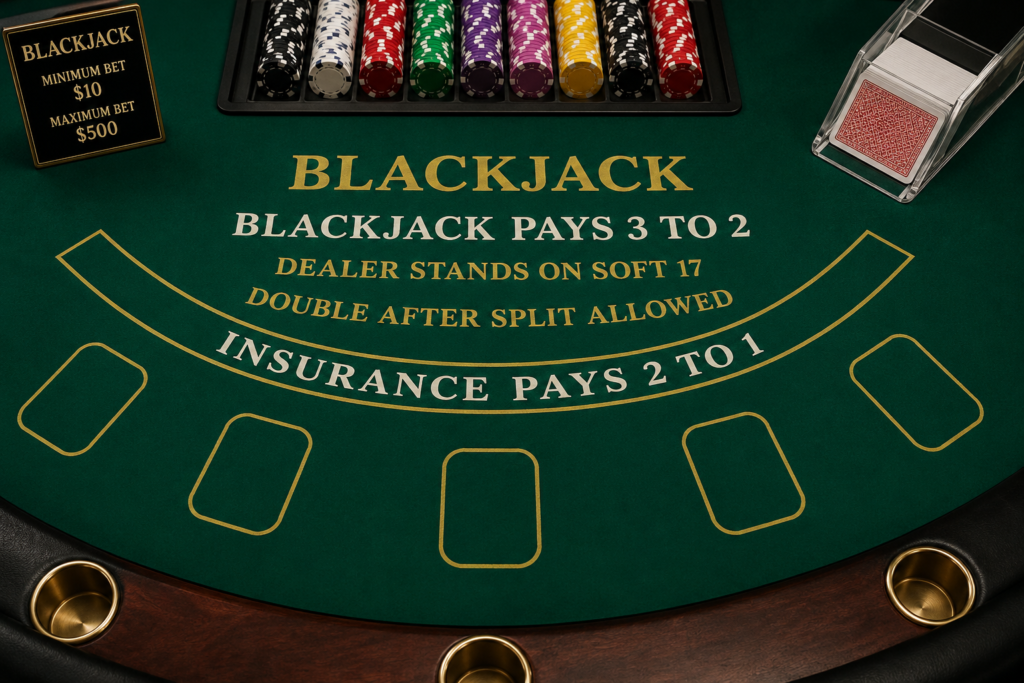 Ai Generated Image of a blackjack table showing Look for Blackjack tables that advertise:

Blackjack pays 3 to 2

Dealer stands on soft 17

Double after split allowed