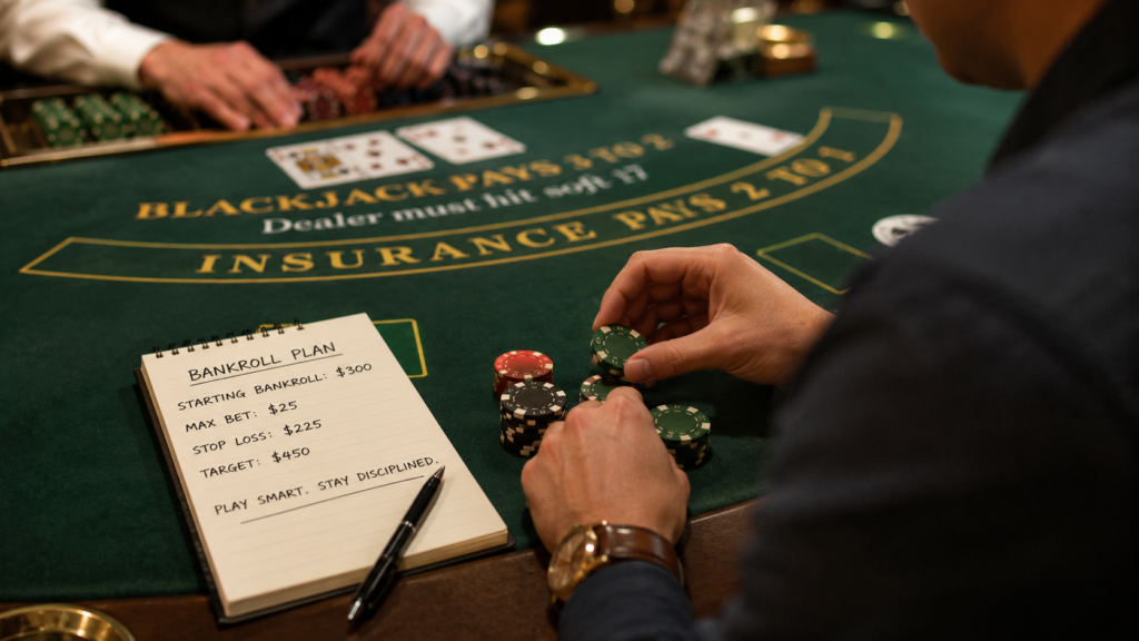 Responsible blackjack player organizing casino chips beside a bankroll management notebook while tracking betting limits and gambling budget at a blackjack table.
