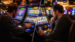 A casino player sits at a modern slot machine in a split-screen scene showing two styles of play: rapid-fire spinning on one side with blurred motion and bright slot lights, and a slower, more deliberate spin on the other side with the player pausing thoughtfully before pressing the button.