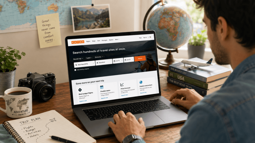 Person searching for budget travel deals on KAYAK on a laptop at a home desk, with maps, a globe, travel notes, and coffee in a warm 16:9 travel-planning scene.
