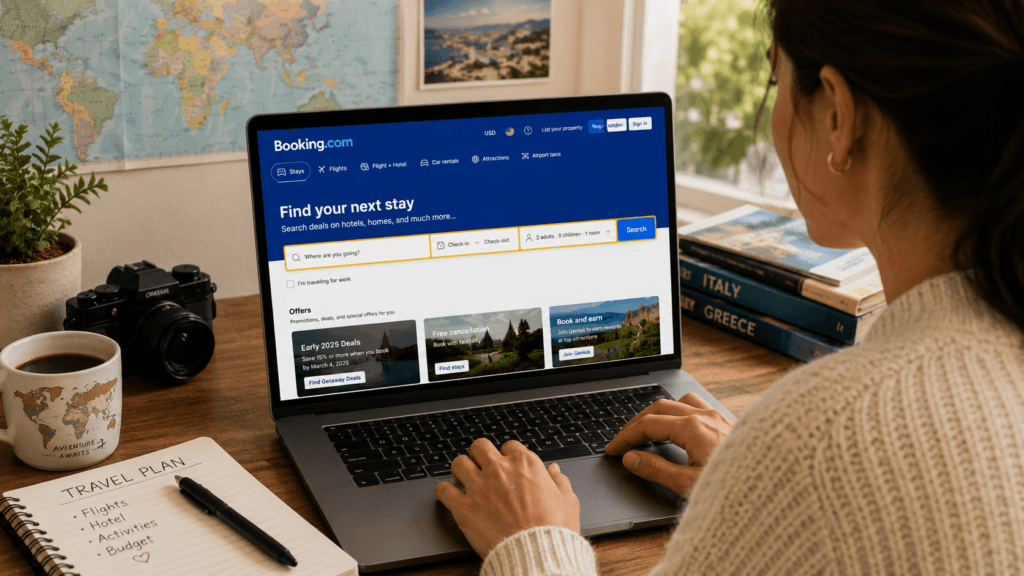 Person searching for hotel deals on Booking.com on a laptop at a wooden desk, surrounded by a travel notebook, coffee mug, camera, books, and a world map in a cozy home workspace.