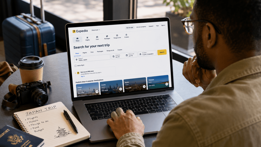Traveler searching Expedia on a laptop at a café table, with a coffee cup, camera, passport, suitcase, and Japan trip notes nearby in a warm travel-planning scene.