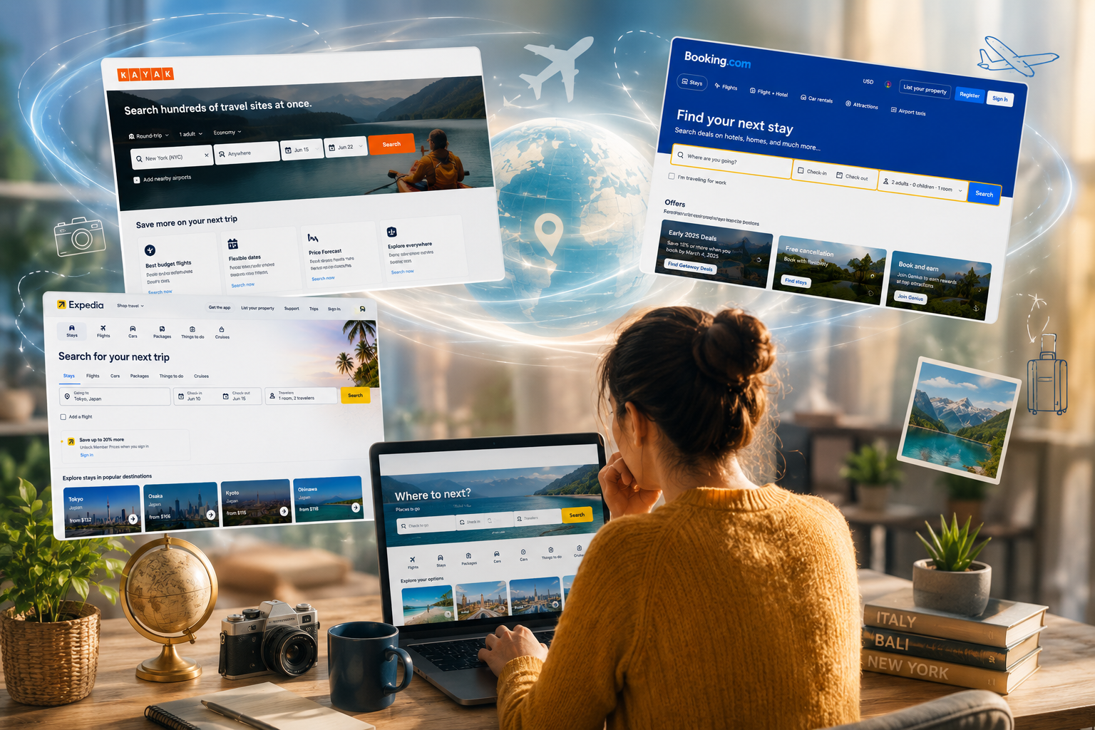 Best apps and websites for budget travelers collage showing a traveler comparing travel deals on KAYAK, Booking.com, and Expedia while planning flights, hotels, and budget trips on a laptop.