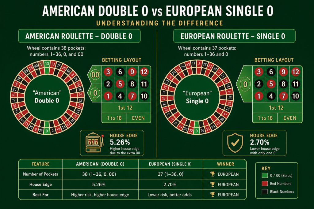 Single-zero vs double-zero roulette wheels displayed side by side showing the difference in wheel layouts and house edge.