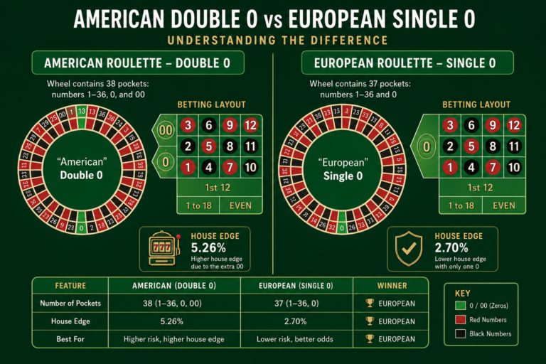 Single-zero vs double-zero roulette wheels displayed side by side showing the difference in wheel layouts and house edge.