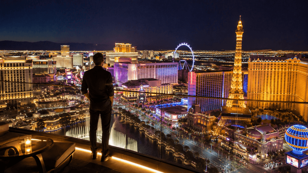 Traveler overlooking the Las Vegas skyline at night from a rooftop viewpoint