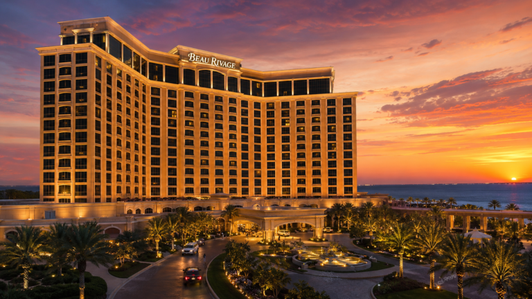 Beau Rivage Resort and Casino tower at sunset overlooking Biloxi Mississippi waterfront