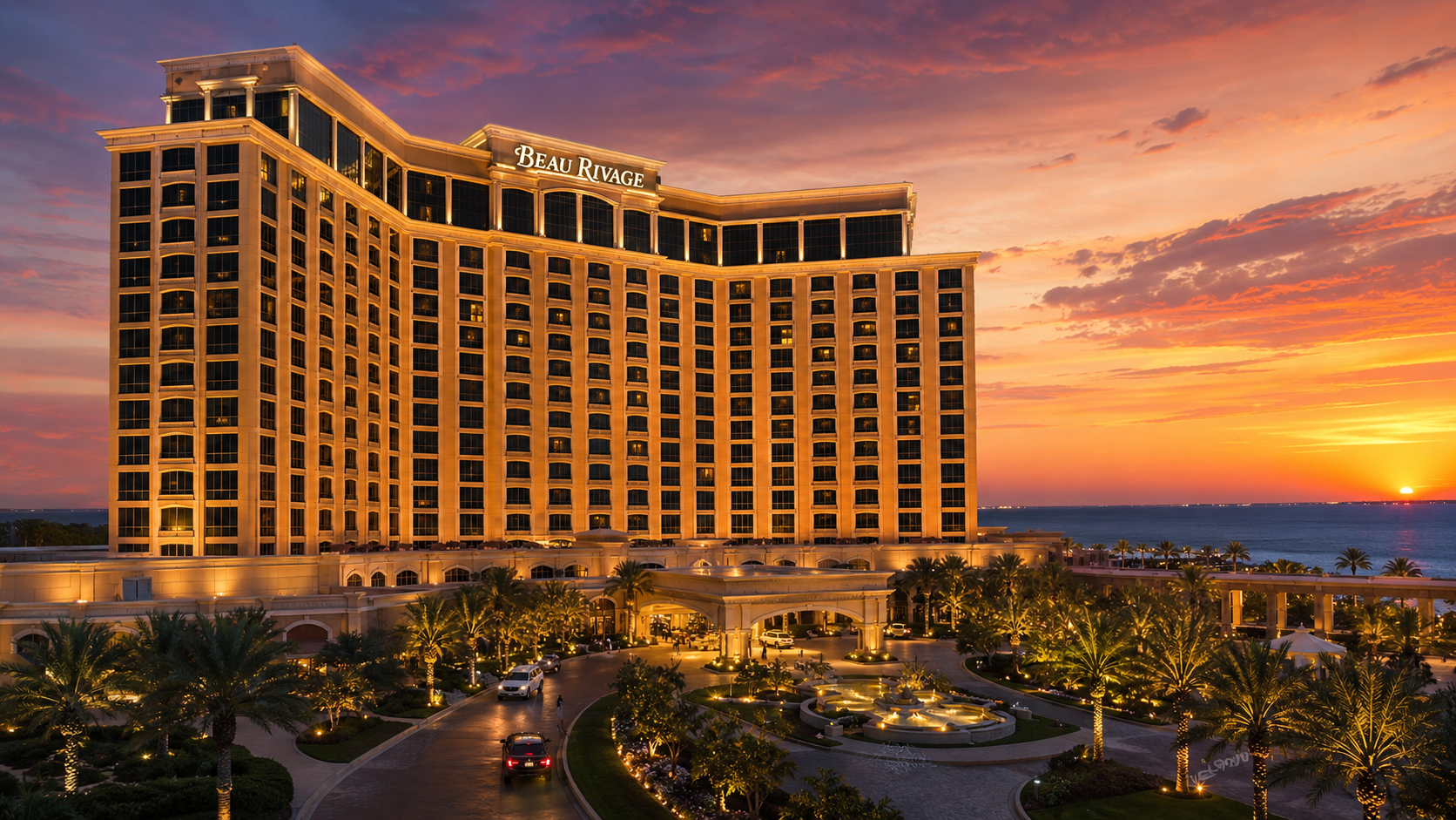 Beau Rivage Resort and Casino tower at sunset overlooking Biloxi Mississippi waterfront