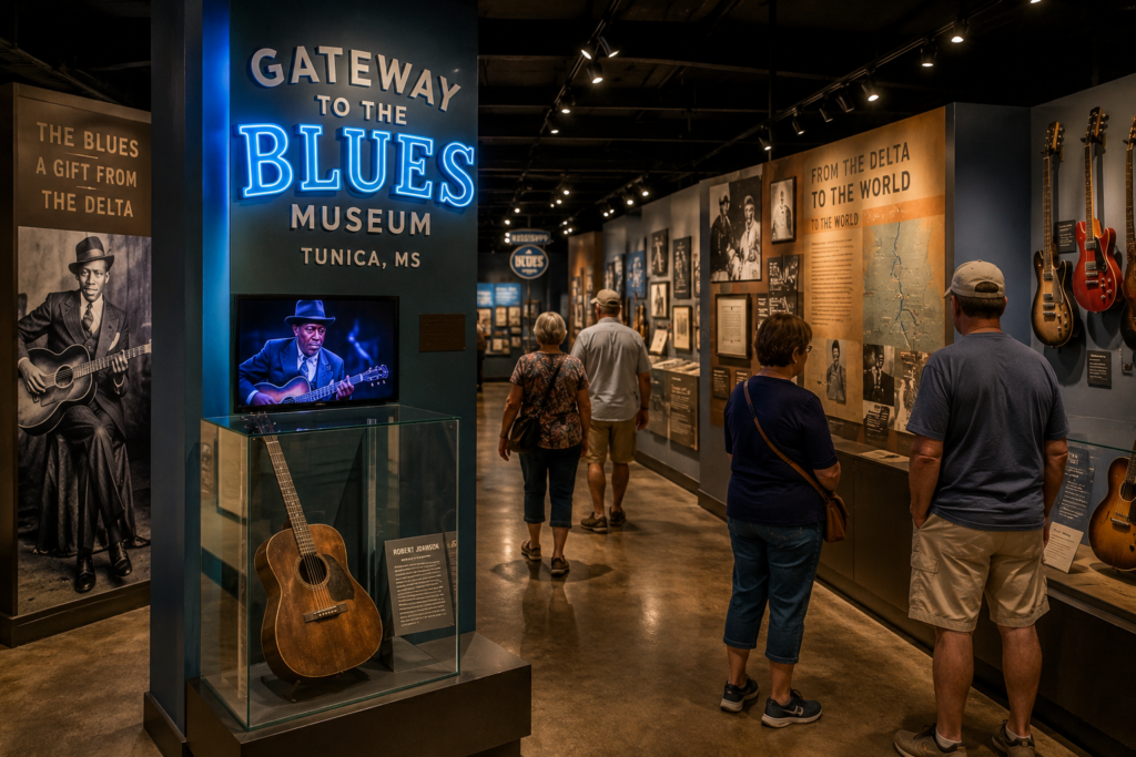 Visitors exploring the Gateway to the Blues Museum in Tunica, Mississippi.