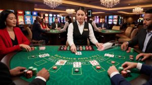 A blackjack player is studying basic strategy at a casino table while making informed betting decisions.