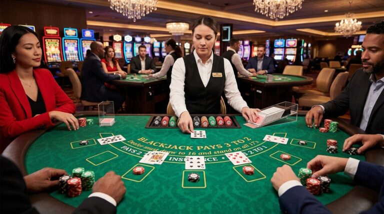 A blackjack player is studying basic strategy at a casino table while making informed betting decisions.