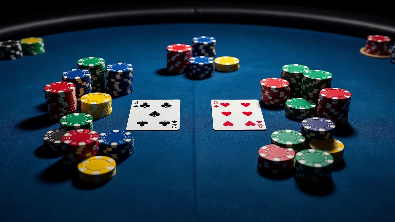 Stacks of colorful plastic casino chips sit alongside two hands of playing cards on a textured green felt surface. Deep blue ambient light creates dramatic shadows across the gaming table.