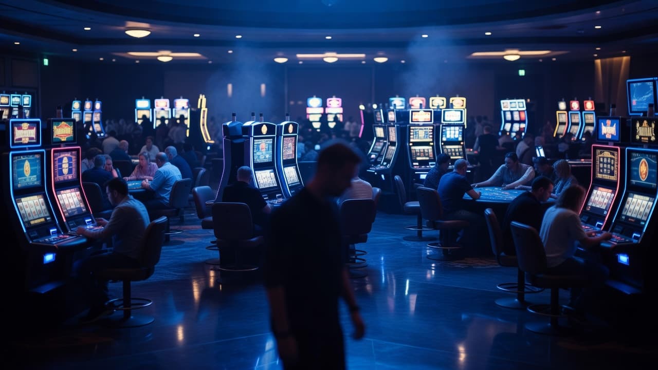 Rows of glowing electronic slot machines fill a spacious casino floor under moody blue lighting. A blurred individual stands near gaming tables, emphasizing the chaotic and overwhelming atmosphere of gambling venues.
