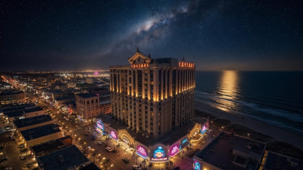 Caesars Atlantic City nighttime drone view
