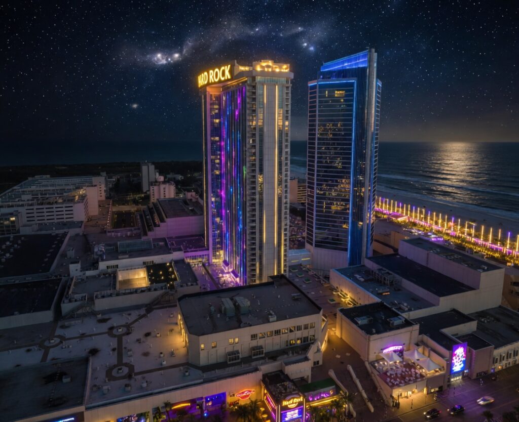 Hard Rock Hotel & Casino Atlantic City night drone view 