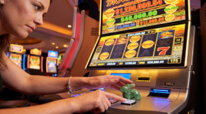 Player sitting at a Golden Century slot machine illustrating how RNG determines every spin outcome independently.