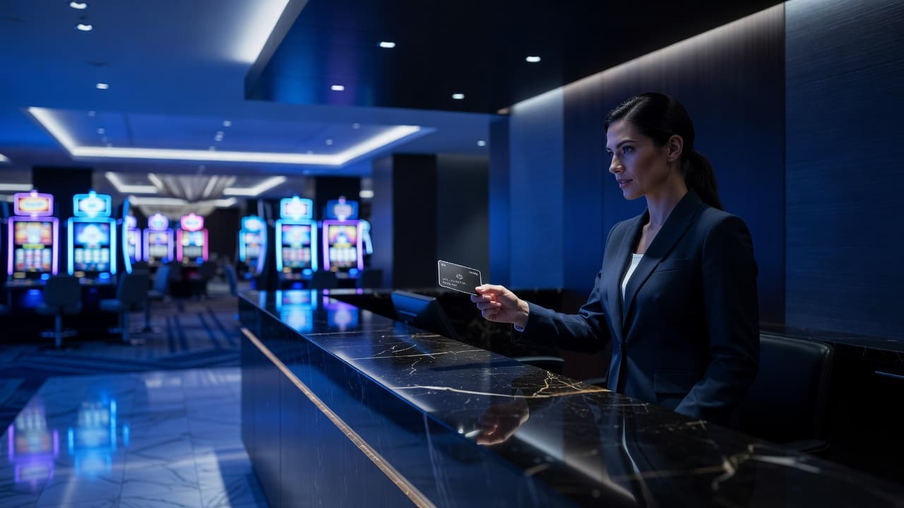 A traveler presents a membership card at a sleek hotel check-in desk bathed in dramatic blue lighting. In the blurred background, vibrant gaming machines shimmer under the dark, atmospheric casino interior.