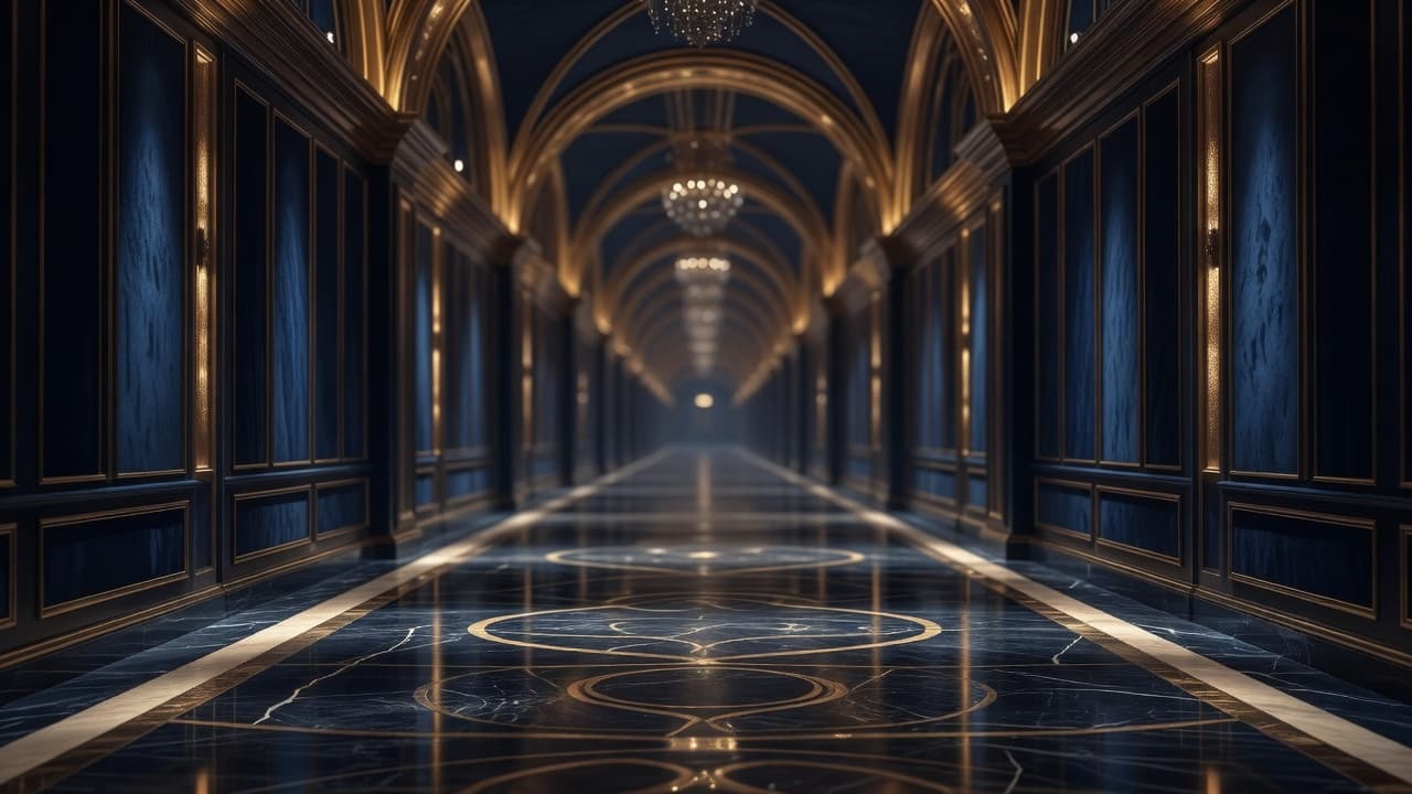 A long, symmetrical hallway features polished reflective flooring and ornate gold wall accents. Soft ambient lighting illuminates the deep blue interior, creating a vast sense of scale with no people present.