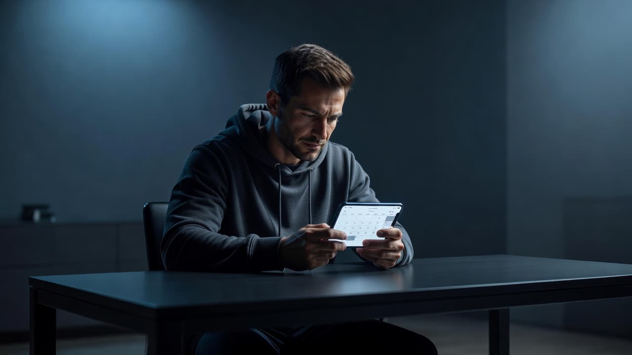A focused person sits at a dark desk, holding a smartphone to check a digital calendar. Soft blue ambient lighting casts dramatic shadows across the workspace, creating a cinematic, modern atmosphere.