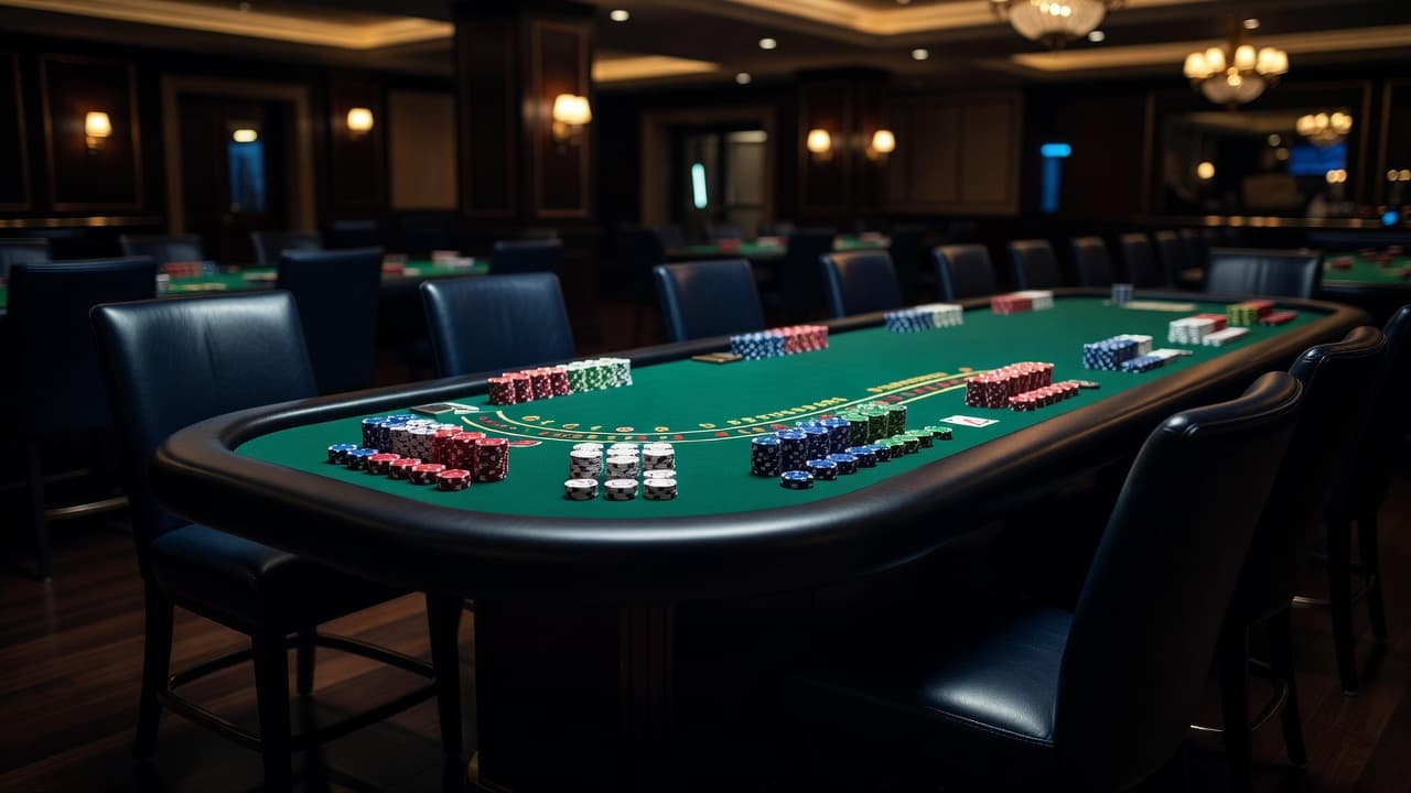 A clean green felt blackjack table sits in a dimly lit casino, featuring organized stacks of colorful betting chips. Empty chairs surround the table under soft, warm atmospheric lighting.