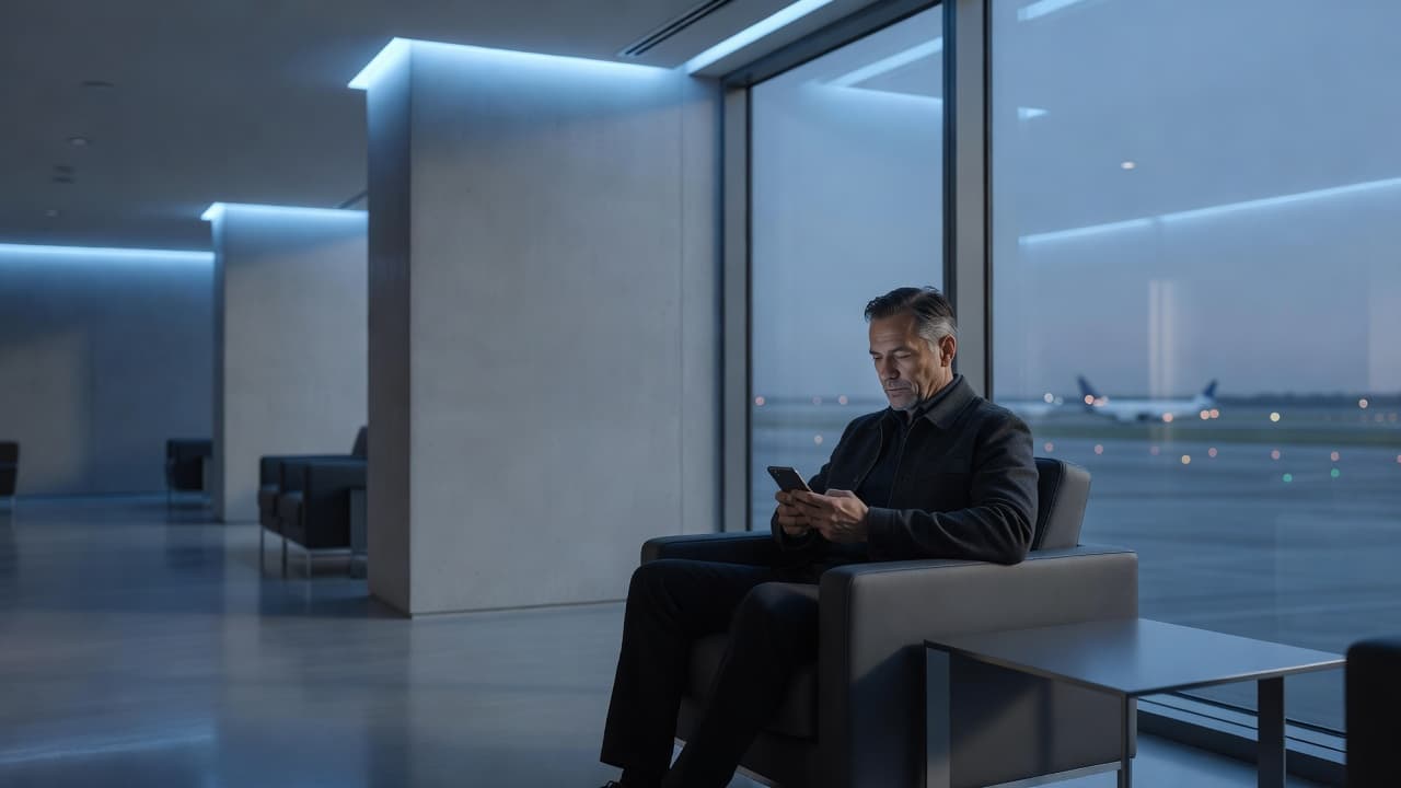 A traveler sits in a modern, serene airport lounge browsing a smartphone screen. Soft blue ambient lighting illuminates the clean, uncluttered space, highlighting the calm atmosphere of the upscale travel environment.
