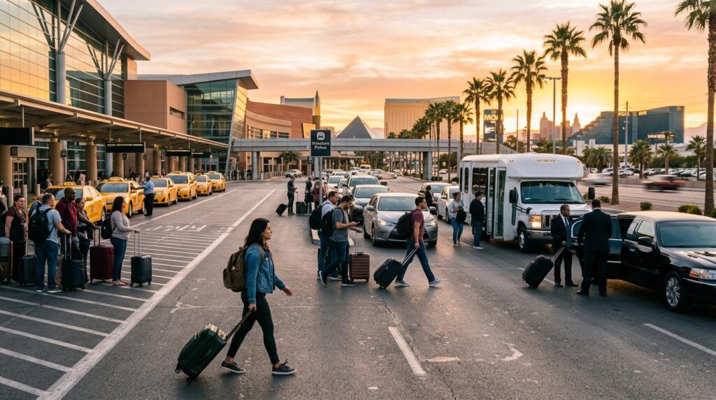 Las Vegas airport transportation options at Harry Reid International Airport, including taxis, rideshares, shuttles, and private transfers