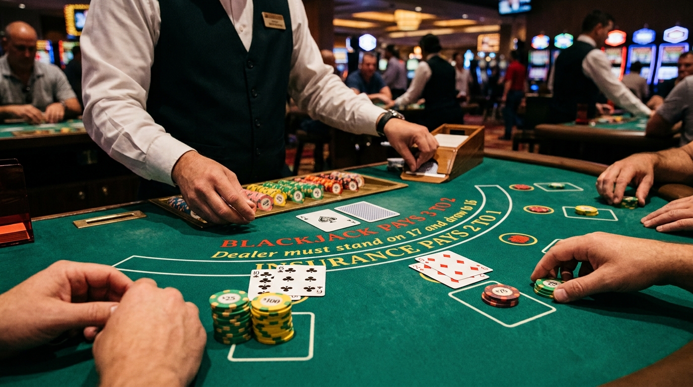 Ultra-realistic editorial photo of a blackjack table in a real casino setting, dealer’s visible upcard is an Ace, several player hands and casino chips on green felt, a small “Insurance Pays 2 to 1” area visible on the table felt if possible, dramatic but natural casino lighting, clean composition with focus on the Ace and chips, no readable brand names, no logos, no watermark, no people’s faces clearly visible, factual casino strategy article style