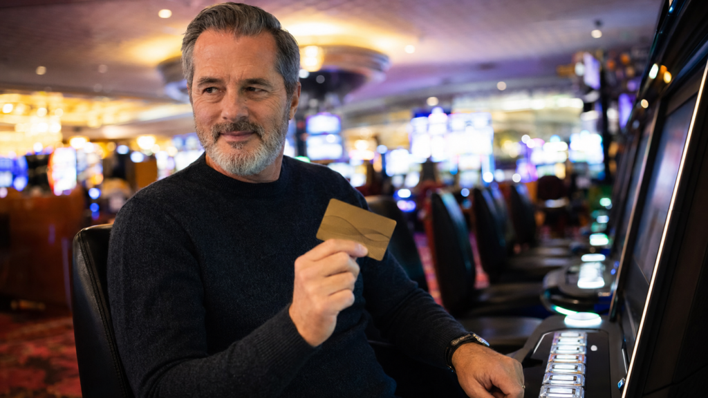 Casual casino player using a players club card at a slot machine