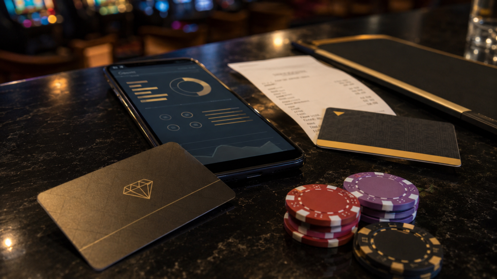 Players club card beside casino rewards, hotel, and dining items