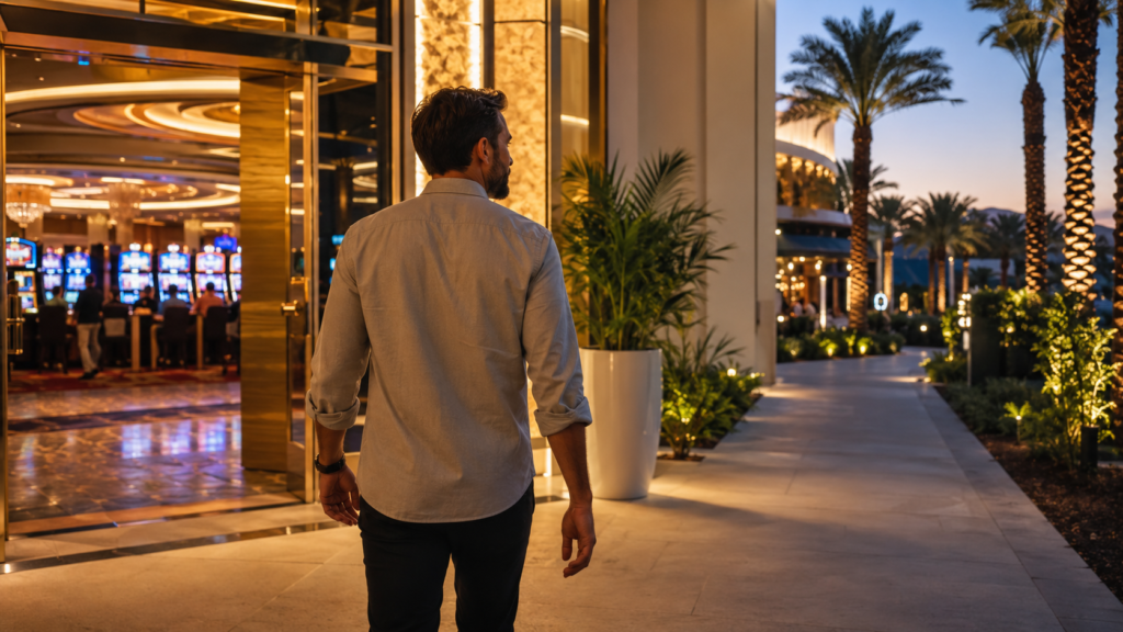 Casino traveler leaving the gaming floor after using comps responsibly
