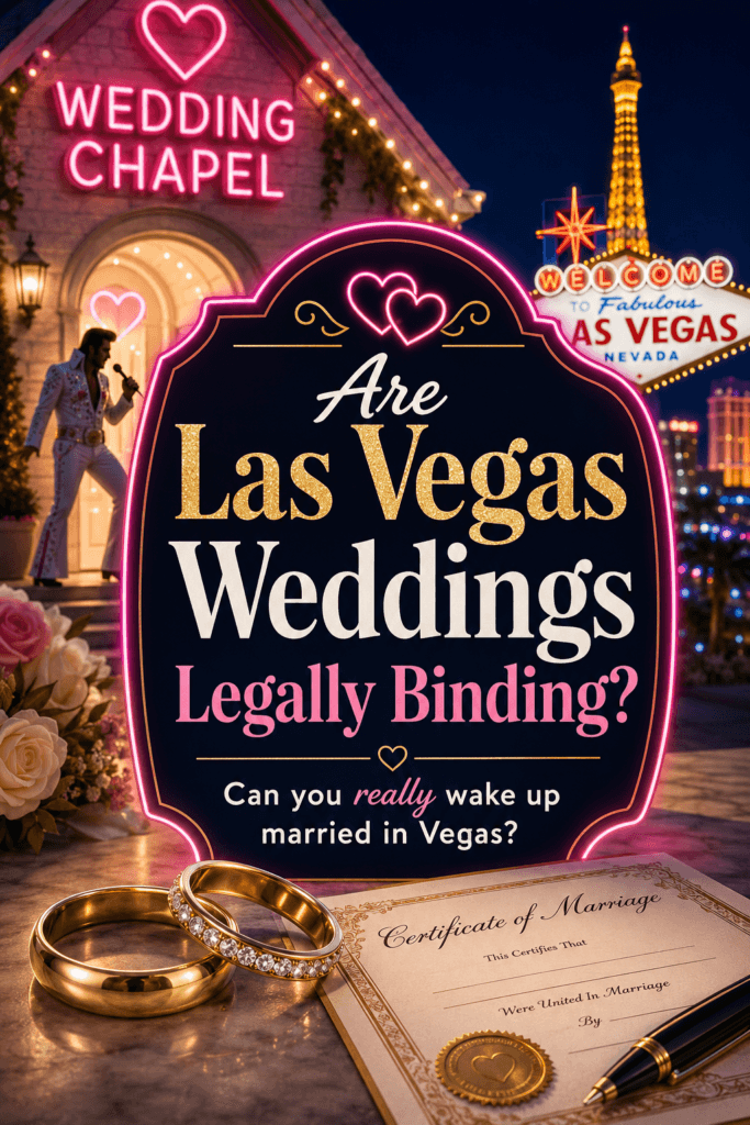 Pinterest graphic showing a neon Las Vegas wedding chapel, wedding rings, and marriage paperwork with the text “Are Las Vegas Weddings Legally Binding?” promoting an article on CasinoMike.com.