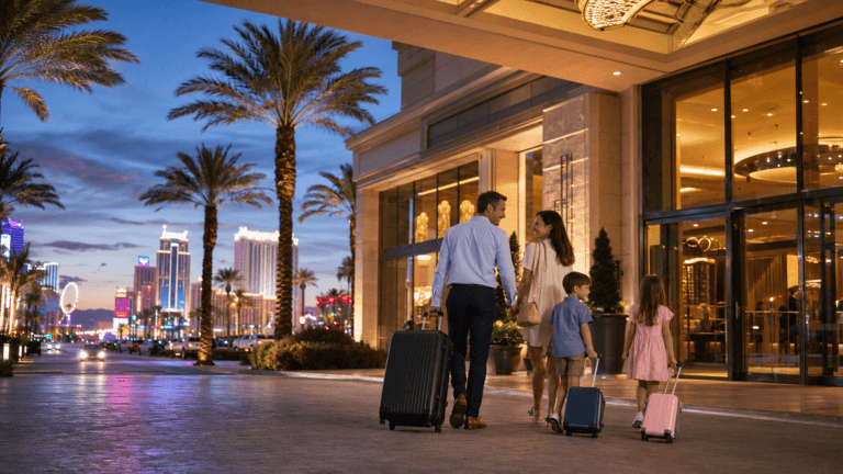 Family-friendly Las Vegas hotel entrance at twilight with parents and children arriving with luggage near the Strip.