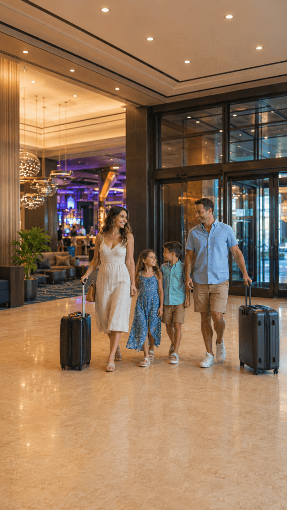 Family walking through a modern smoke-free Las Vegas resort lobby with luggage and subtle casino lights in the background.