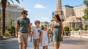 Family exploring Las Vegas family attractions on the Strip during a sunny daytime vacation.