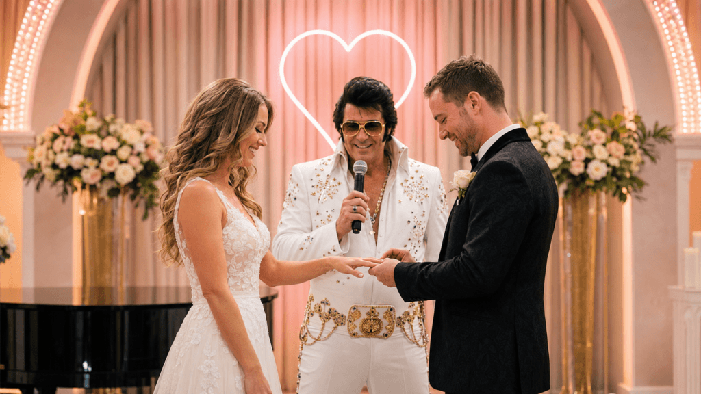 Two people getting married by an Elvis-style officiant in a Las Vegas wedding chapel