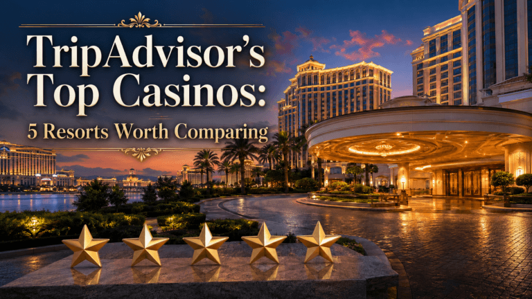 Luxury casino resort thumbnail with the title TripAdvisor's Top Casinos: 5 Resorts Worth Comparing over a sunset hotel scene and five gold rating stars.